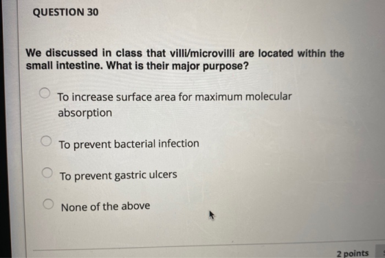 QUESTION 30 We discussed in class that villi/microvilli are located within the small intestine. What is their major purpose?
