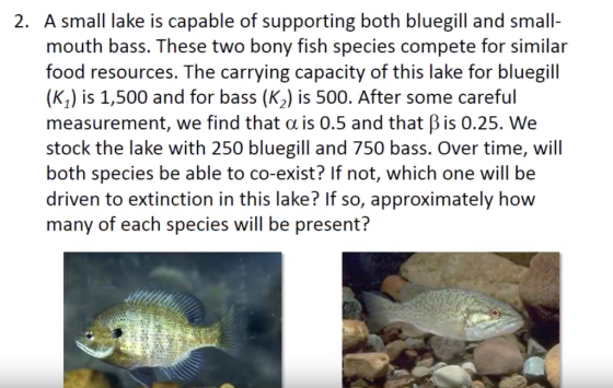 2. A small lake is capable of supporting both bluegill and small- mouth bass. These two bony fish species compete for similar