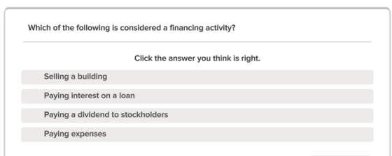 Which of the following is considered a financing activity? Click the answer you think is right. Selling a building Paying int