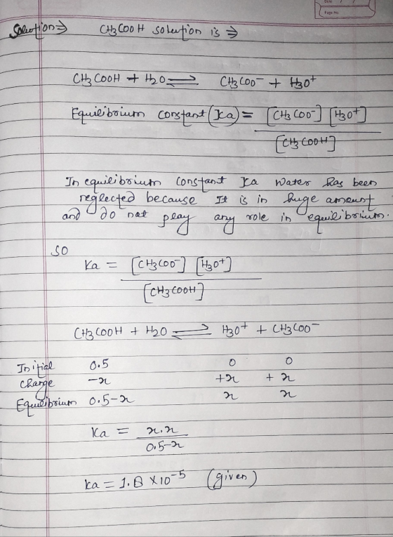 Glution CH3COOH solution is Chls COOH + H2O = CH. C00- + Hoot Equie boium constant (La) = (Chs Coo] [4304] - [ch cool ] In eq