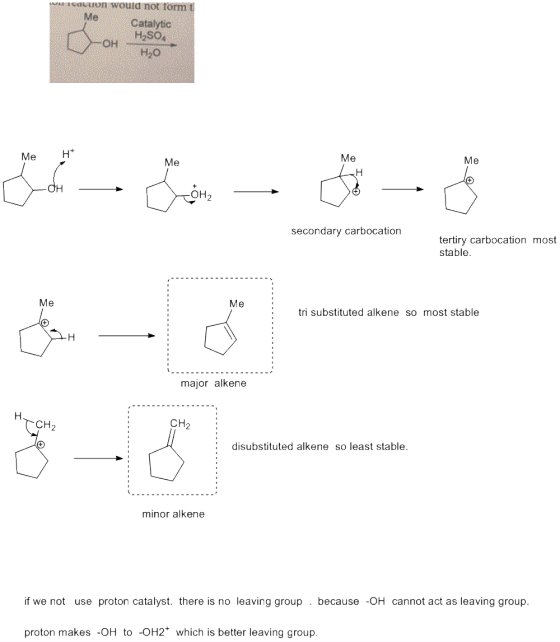 Me Un would not form ti Catalytic H2SO4 OH H2O u H* choo - to D secondary carbocation tertiry carbocation most stable. tri su