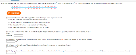 An article gave a scatter plot along with the least squares line of x = rainfall volume (mº) and y = runoff volume (m3) for a