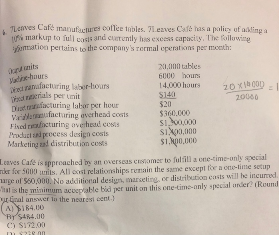 6. 7Leaves Café manufactures coffee tables. 7Leaves Café has a policy of adding a 10% markup to full costs and currently has