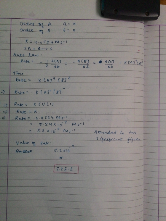 Ordes Ordes of of A B a o b=0 K = 0.0524 ms -1 2 A + B C Rate lan : Rate - ALAT. -1087 Thue Rate = KEAJ9 [ B]6 4.27 kcaites A