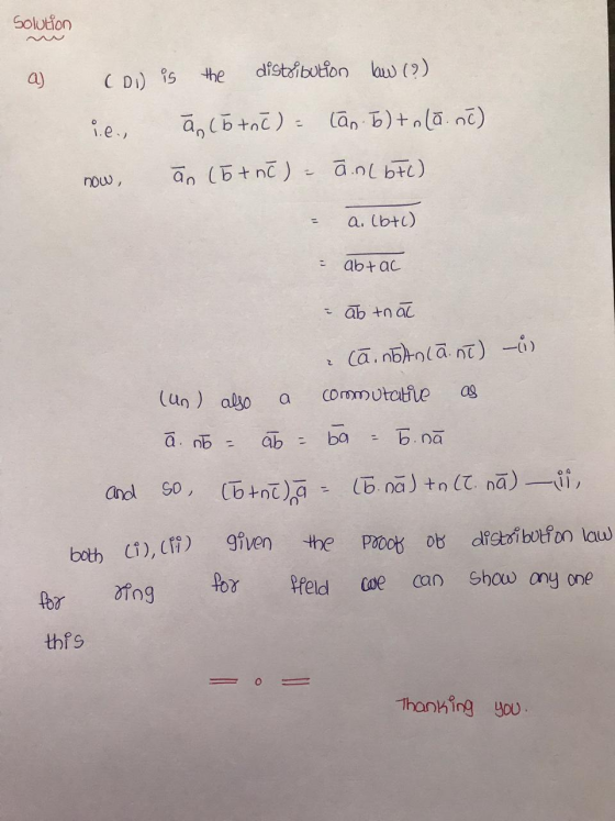 Solution a) (D) is the distribution law (?) i.e., now (b tnc) = lan. Ito lanc) an (otoc) = an (bFC) a. (btc) - abtac ab tnac