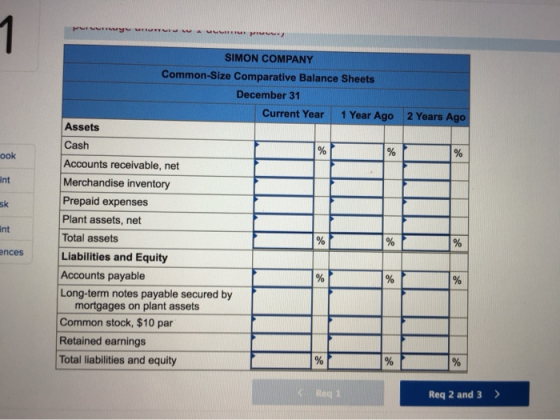 w 2 Years Ago ook int SIMON COMPANY Common-Size Comparative Balance Sheets December 31 Current Year 1 Year Ago Assets Cash %