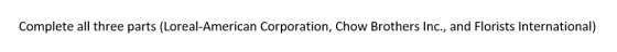 Complete all three parts (Loreal-American Corporation, Chow Brothers Inc., and Florists International)