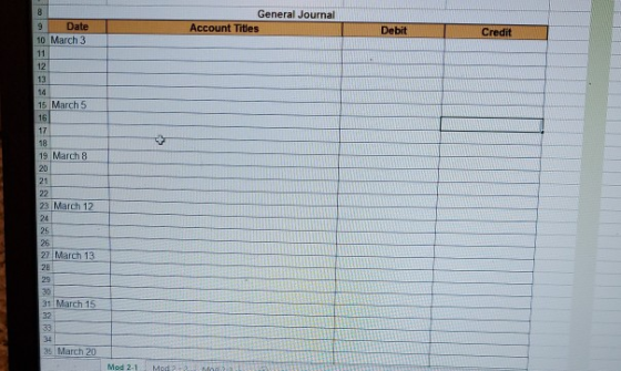 General Journal Account Titles Debit Credit + 8 9 Date 10 March 3 11 12 13 14 15 March 5 16 17 18 19 March 8 20 21 22 23 Marc