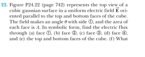 22. Figure P24.22 (page 742) represents the top view of a cubic gaussian surface in a uniform electric field E ori ented parallel to the top and bottom faces of the cube. The field makes an angle 0 with side 0, and the area of each face is A. In symbolic form, find the electric flux through (a) face 0, (b) face 2, (c) face 3, (d) face 4 and (e) the top and bottom faces of the cube. (f) What