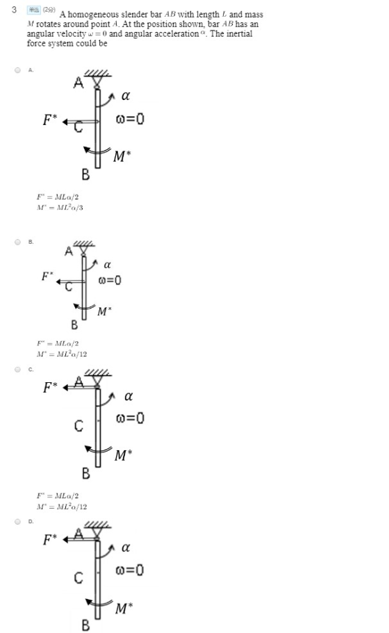 3 A homogeneous slender bar AB with length and mass M rotates around point A. At the position shown, bar AB has an angular ve