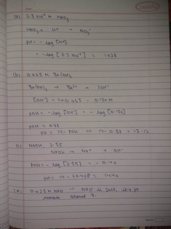 Date (a) 2.3x102 M HNO₂ HNO, HA - NO3 PH = -log [ht] - dog [ 2.3 X10-2] 1638 0.065 M BO COH), B COH), → Ba2+ + 204 LOH] = 2x