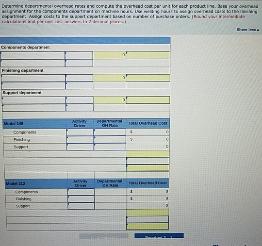 Determine departmental overhead rates and compute the overhead cost per unit for each product line. Base your overhead assign