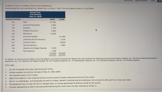 CALCULATOR PRINTER VERSION BACK NEXT Problem 3-01A a-c (Video) (Part Level Submission) Novak started her own consulting firm,