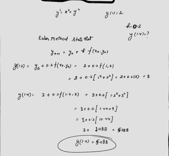 ys ! x² + y² y (1)=2 h 0.2 Eular Method state that y (1:42=? Inri = Ynth fran.yn) Y(12) = 40 + 0 0.24(20.40) 2+0.25(1,2) = 2
