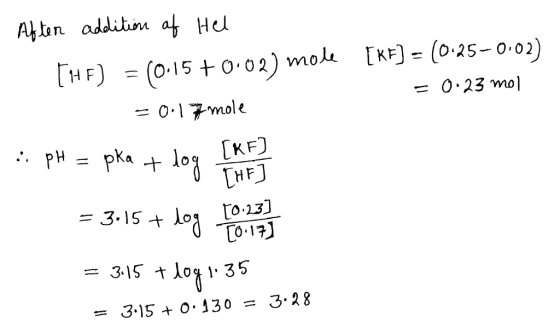 [RF] = (0.25-0.02) = 0.23 mol Aften addition of Hel [1HF) = (0.15 +0.02) mole = 0.17 mole 2. pH = pka + log TAFELL = 3.15 + l
