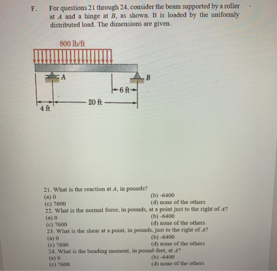 F. For questions 21 through 24, consider the beam supported by a roller at A and a hinge at B, as shown. It is loaded by the