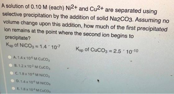 A solution of 0.10 M (each) Ni2+ and Cu2+ are separated using selective precipitation by the addition of solid Na2CO3. Assumi