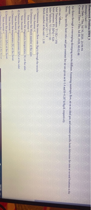 Homework Problem IW8 3 Attemps Used 20 Due DateThu, Jul 30, 2020, 23:59:59 Current Time Thu, Jul 30, 2020, 00:02:48 Air flows