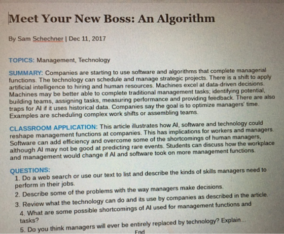 Meet Your New Boss: An Algorithm By Sam Schechner I Dec 11, 2017 TOPICS: Management, Technology SUMMARY: Companies are starti