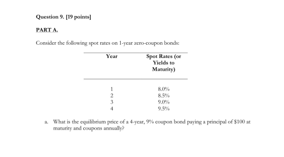 Question 9. [19 points) PART A. Consider the following spot rates on 1-year zero-coupon bonds: Year Spot Rates (or Yields to