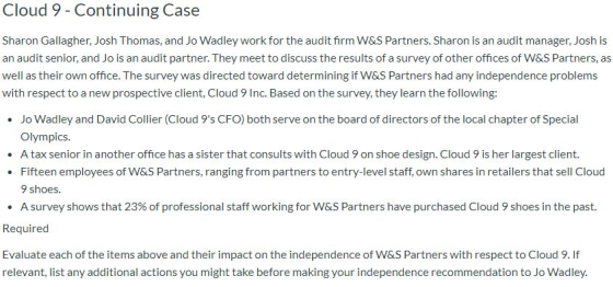 Cloud 9 - Continuing Case Sharon Gallagher, Josh Thomas, and Jo Wadley work for the audit firm W&S Partners. Sharon is an aud
