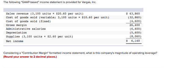 The following GAAP-based income statement is provided for Vargas, Inc. Sales revenue (3,100 units * $20.60 per unit) Cost o
