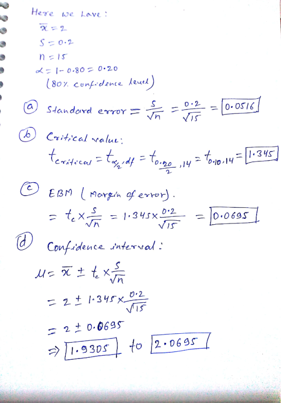 Hee se Love : l-0.80 = 0.20 b critical velu D-10,14 error) = 0,0695 Confidence interval 2 ± 0.6695 o 2.069S