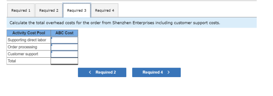 Required 1 Required 2 Required 4 Required 3 Calculate the total overhead costs for the order from Shenzhen Enterprises includ