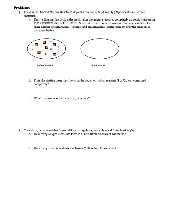 Problems 3. The diagram labeled “Before Reaction depicts a mixture of S and O2 (molecules in a closed container a. Draw a di