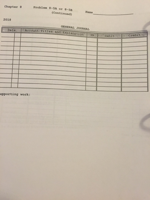 Chapter 8 Problem 8-SA or 8-5B (Continued) Name 2018 GENERAL JOURNAL Date Account Titles and Explanation PR Dobit credit supp