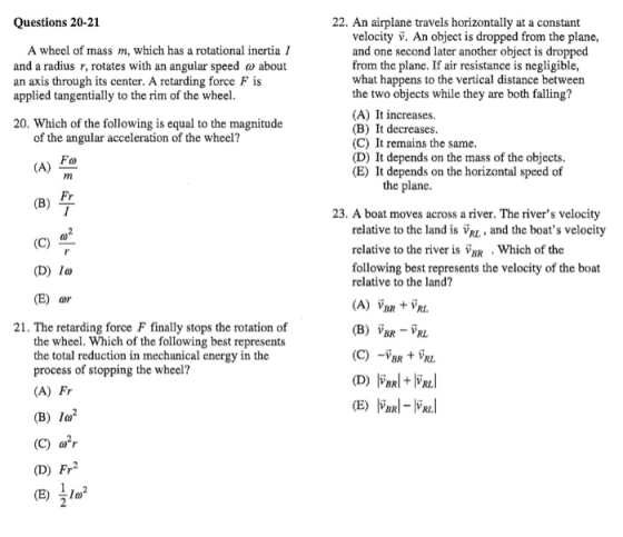 Questions 20-21 A wheel of mass m, which has a rotational inertia I and a radius r, rotates with an angular speed w about an