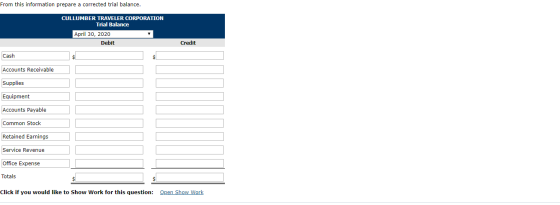 From this information prepare a corrected trial balance. CULLUMBER TRAVELER CORPORATION Trial Balance April 30, 2020 Debit Cr
