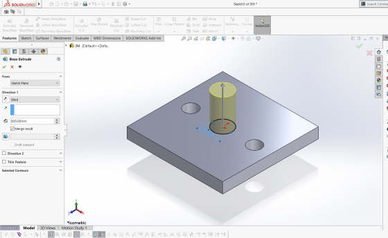 35 SOLIDWORKS Sketch 3 of 3M * > Search Comma 23 Referenc. Curves Instant3D Swept Boss/Base Swept Cut Rib to Wrap Extruded Re