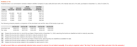 Problem 17-01 Presented below is an amortization schedule related to Buffalo Companys 5-year, $180,000 bond with a 6% intere