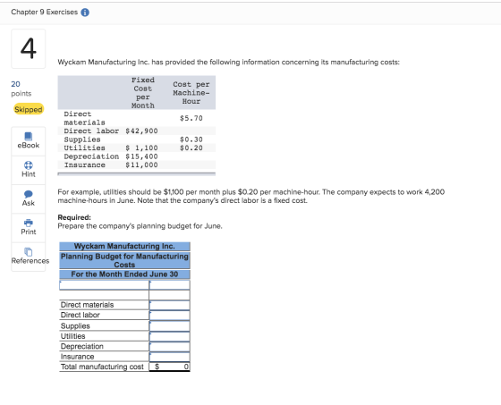 Chapter 9 Exercises 4 Wyckam Manufacturing Inc. has provided the following information concerning its manufacturing costs: Fi