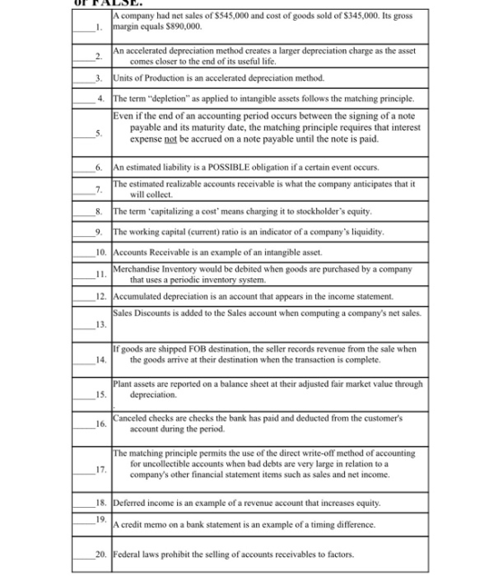 UI TALSE. A company had net sales of $545,000 and cost of goods sold of S345,000. Its gross 1. margin equals $890,000 An acce