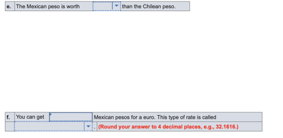The Mexican peso is worth than the Chilean peso. f. You can get Mexican pesos for a euro. This type of rate is called (Round
