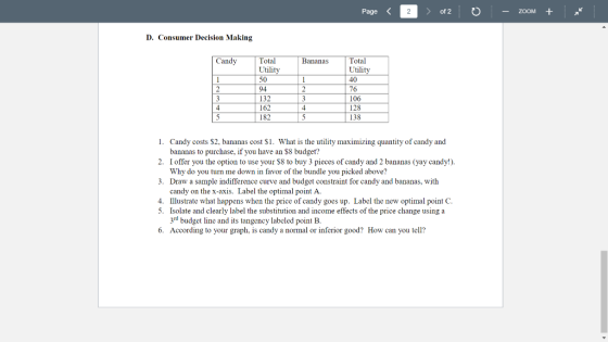 ZOOM Page 2 of 2 D. Consumer Decision Making Total Utility Candy Total Bananas Utility 1 50 40 2 94 2 76 132 3 106 4 162 4 12