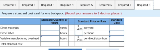 Required 1 Required 2 Required 3 Required 4 Required 5 Required 6 Required 7 Required 8 Prepare a standard cost card for one
