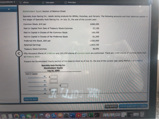 Corporations: eBook Calculator Print Item Stockholders Equity Section of Balance Sheet Specialty Auto Racing Inc. retails ra