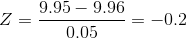 Z={9.95-9.96\over 0.05}= -0.2