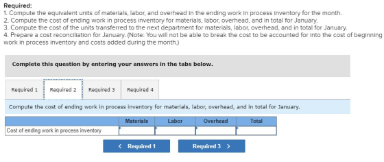 Required: 1. Compute the equivalent units of materials, labor, and overhead in the ending work in process inventory for the m