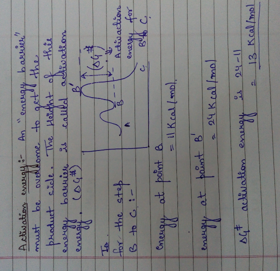 Activation energy: An energy barrier must be overcome to get the product side. The height of this energy barrier is called a