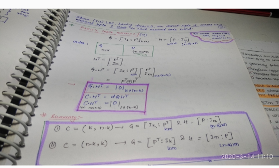 teo abou Corect up to (6,3) LBC hard, each xe PARITY CHECK MATRIX :-/(H) po 2 exerat. 3 dmin3, can detect Lupilo 2 bxdande ea