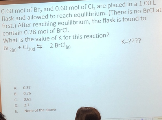 0.60 mol of Br, and 0.60 mol of Cl, are placed in a 1.00 L flask and allowed to reach equilibrium. (There is no BrCla first.)