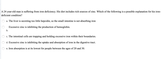 A 24 year-old man is suffering from iron deficiency. His diet includes rich sources of zinc. Which of the following is a poss