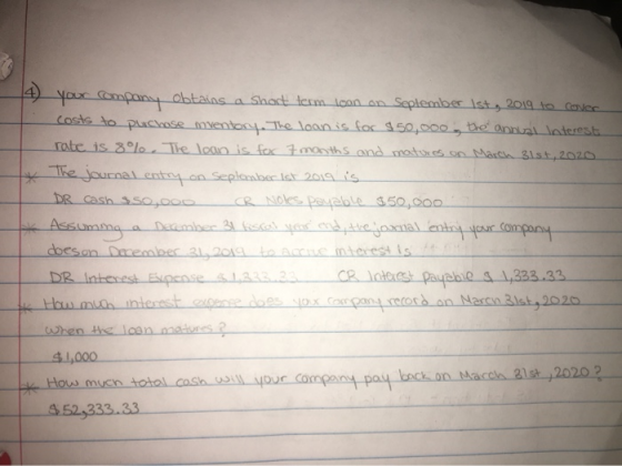 your company obtains a short term loon on Seplember Ist , 2019 to Contes! costs to purchase myentory. The loan is for $50,000
