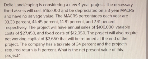 Delia Landscaping is considering a new 4-year project. The necessary fixed assets will cost $163,000 and be depreciated on a