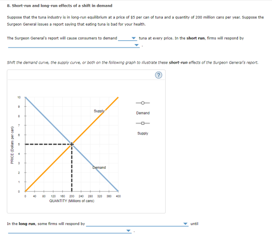8. Short-run and long-run effects of a shift in demand Suppose that the tuna industry is in long-run equilibrium at a price o