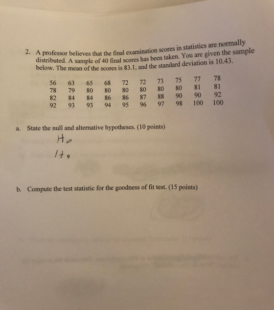 ofessor believes that the final examination scores in statistics distributed. A sample of 40 final s sample of 40 final score